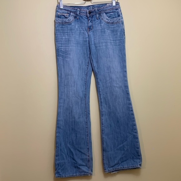 575 Denim Blue Denim Bootcut Distressed Ripped Frayed Low-rise 5 Pocket Jeans 28 - Picture 1 of 17